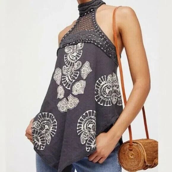 Free People Tops - Free People Mandolin Crochet Boho Blouse Sz XS Gray High Neck Tank Top Linen